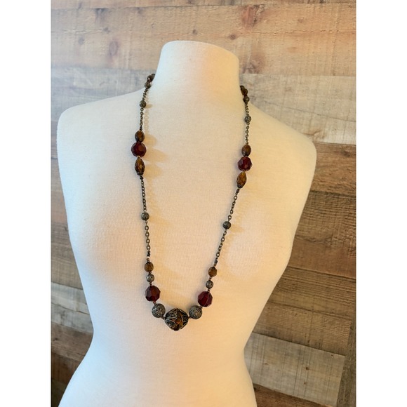 Avon Jewelry - Avon Vintage Style Station Necklace Burgundy Warm Honey Beads Antique Brass